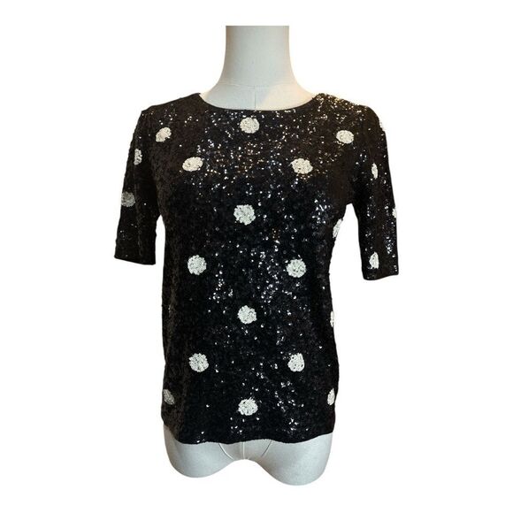 J. Crew XXS 100% Cotton Sequin Polka Dot Short Sleeve Top Party Blouse NWT Black - Picture 3 of 15
